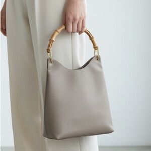 Vintage Gucci taupe grey leather bamboo handle tote bag with matching pouch